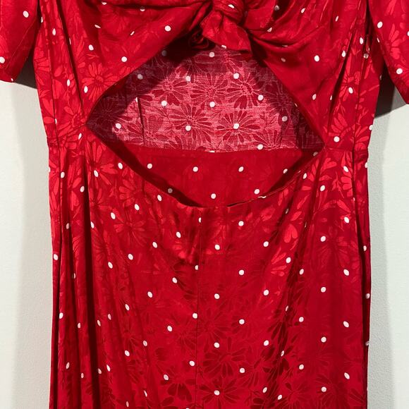 Maje Women's Red Polka Dot Textured Floral Tie Front Cutout Midi Dress Size 36 - Picture 4 of 9
